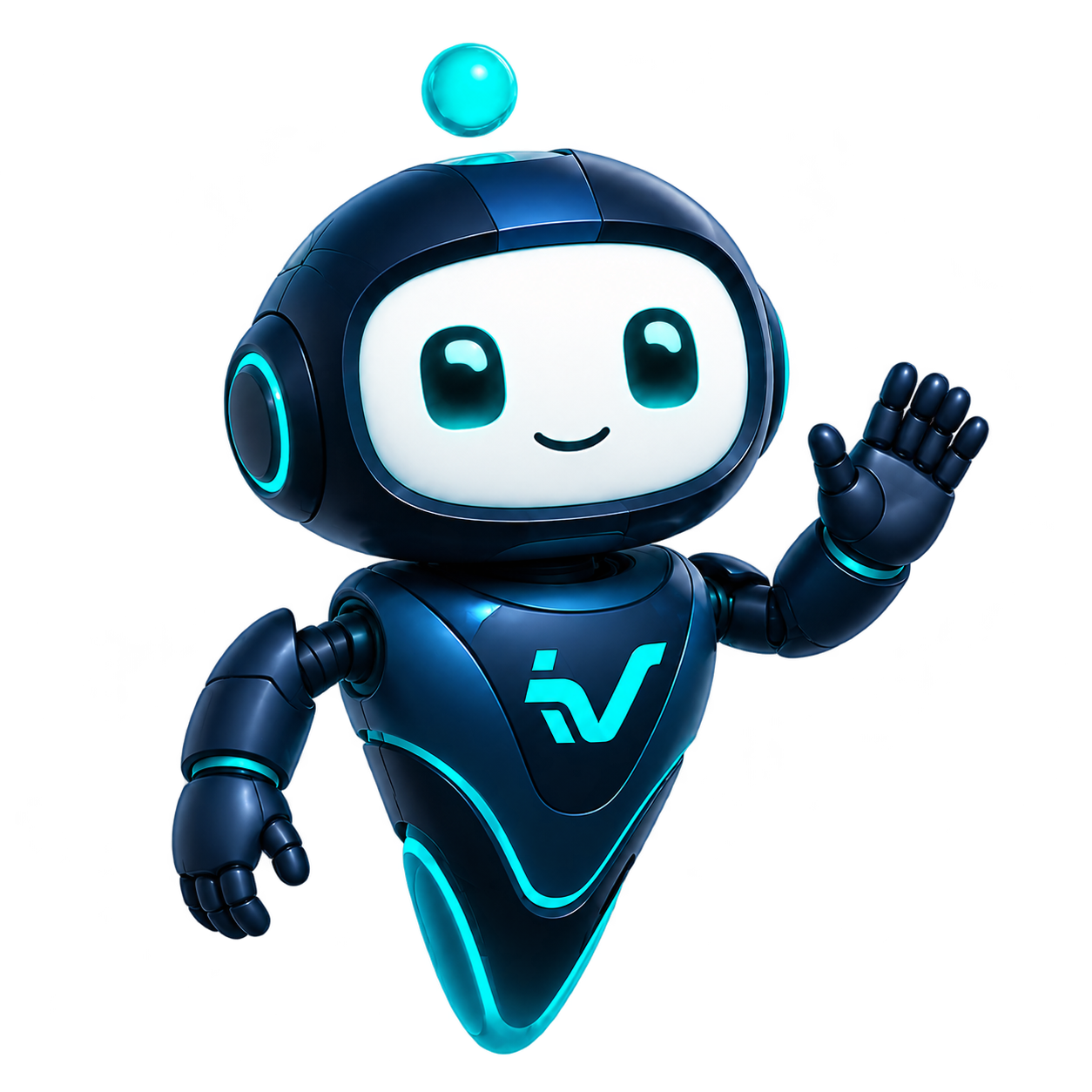 İVMEGO yapay zekâ asistanı maskotu, turkuaz detaylı lacivert robot el sallıyor
